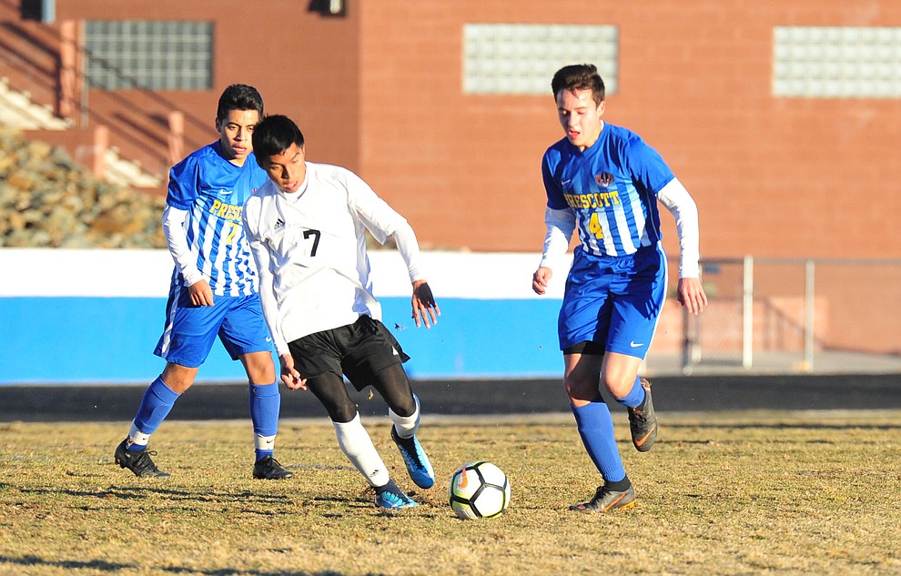 Prescott's Blaine Begley brings the ball upfield as the Badgers take on the Coconino Panthers Wednesday, Jan. 23, 2019 in Prescott. (Les Stukenberg/Courier).