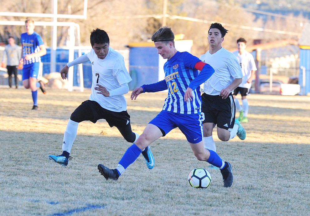 Prescott's Baryden Nelson drives the ball upfield as the Badgers take on the Coconino Panthers Wednesday, Jan. 23, 2019 in Prescott. (Les Stukenberg/Courier).