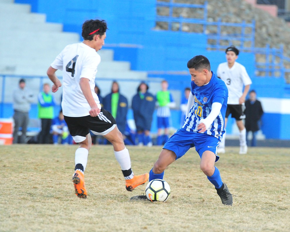 Prescott's Edgar Martinez controls the ball in the box as the Badgers take on the Coconino Panthers Wednesday, Jan. 23, 2019 in Prescott. (Les Stukenberg/Courier).