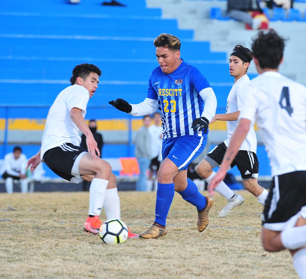 Prescott's Bryant Chavira drives towards the goal as the Badgers take on the Coconino Panthers Wednesday, Jan. 23, 2019 in Prescott. (Les Stukenberg/Courier).