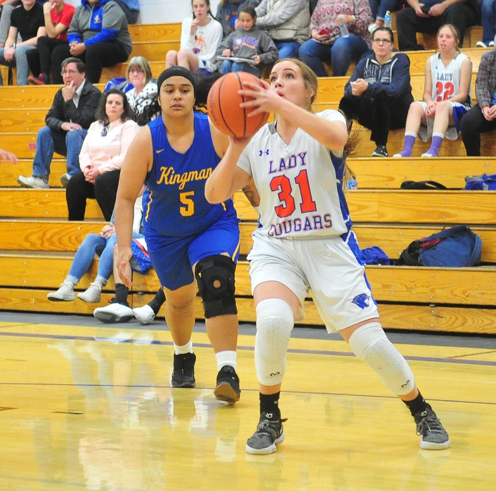 Chino Valley's Rudy Rodriguez takes a shot as they face the Kingman Bulldogs Thursday, Jan. 24, 2019 in Chino Valley. (Les Stukenberg/Courier).