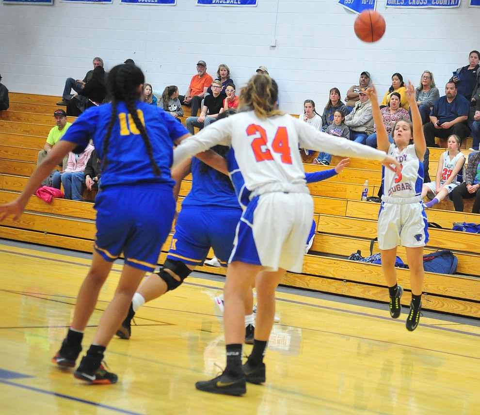Chino Valley's Coury Hawks takes and makes a three-pointer as they face the Kingman Bulldogs Thursday, Jan. 24, 2019 in Chino Valley. (Les Stukenberg/Courier).