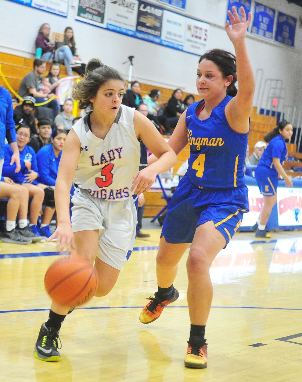 Chino Valley's Coury Hawks drives the baseline as they face the Kingman Bulldogs Thursday, Jan. 24, 2019 in Chino Valley. (Les Stukenberg/Courier).