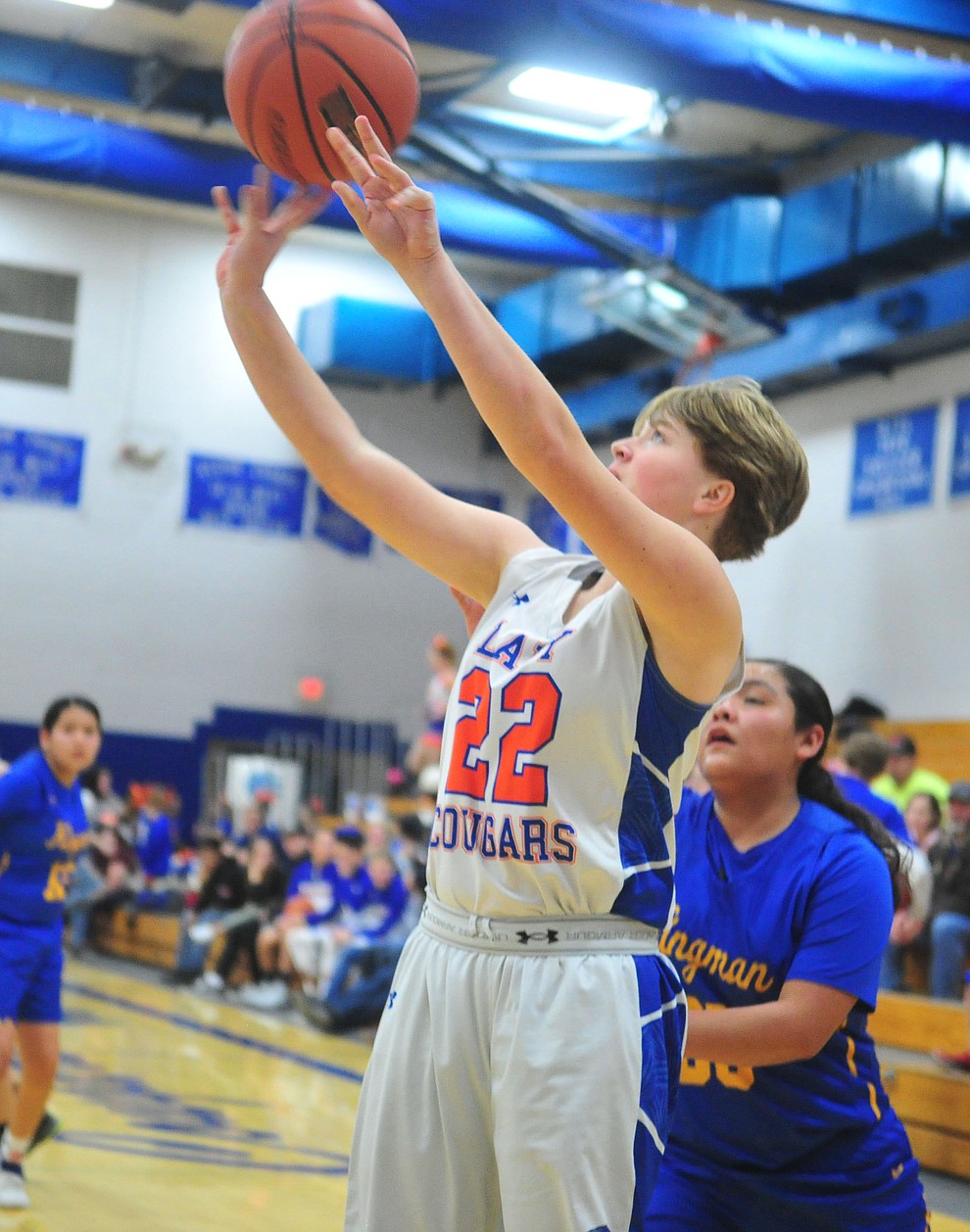 Chino Valley's Shyla Moseley takes a shot as they face the Kingman Bulldogs Thursday, Jan. 24, 2019 in Chino Valley. (Les Stukenberg/Courier).
