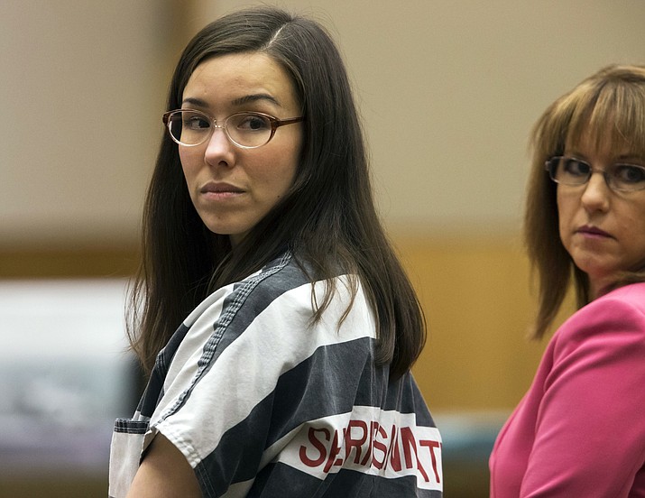 In this April 13, 2015, file pool photo, Jodi Arias, left, looks on next to her attorney, Jennifer Willmott, during her sentencing in Maricopa County Superior Court in Phoenix. Prosecutors face a Friday, Jan. 4, 2019, deadline for responding to Arias' appeal of her murder conviction in the 2008 death of her former boyfriend. Lawyers for Arias filed their appellate brief in July 2018 saying a prosecutor's misconduct and a judge's failure to control news coverage deprived her of a fair trial. Arias is serving a life sentence for her conviction in Travis Alexander's death. (Mark Henle/The Arizona Republic via AP, Pool, File)