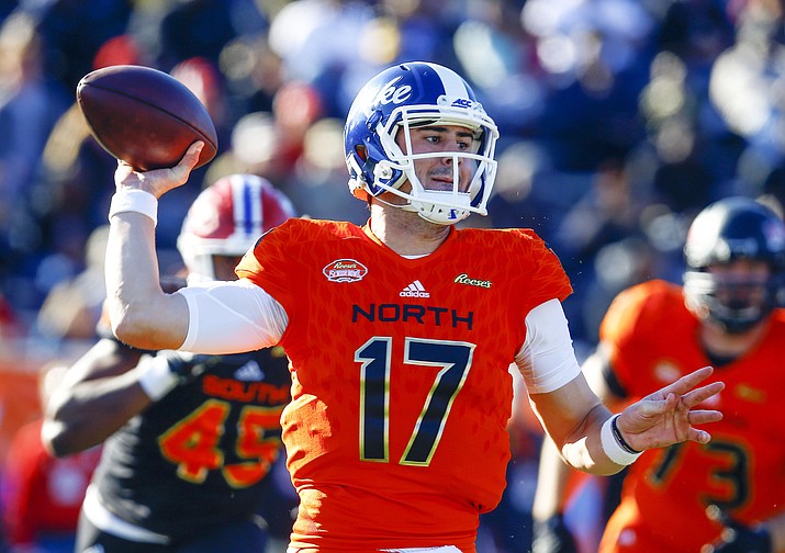 North quarterback Daniel Jones, of Duke, throws a pass during the first half of the Senior Bowl college football game, Saturday, Jan. 26, 2019, in Mobile, Ala. (Butch Dill/AP)