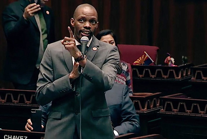 House minority Co-Whip Reginald Bolding speaks to members of the Arizona House of Representatives urging them to expel Rep. David Stringer, R-Prescott, on Monday, Jan. 28, 2019, in Phoenix. (Image taken from house floor video)