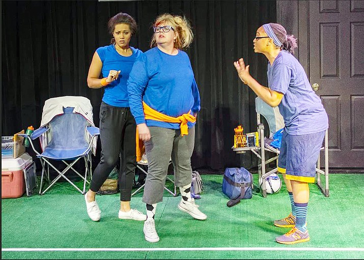 From left, actresses Lexe Niekamp (Lynn), Tina Boden-Blake (Nancy) and Esther Kparyea (Alison) act out a scene from the play, “Secrets of a Soccer Mom,” during a dress rehearsal Monday, Jan. 14, at Prescott Center for the Arts Stage Too theater in Prescott. The comedic play opened Jan. 17, and will run through Feb. 3. (Prescott Center for the Arts/Courtesy)