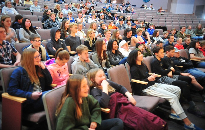 Students laugh at motivational speaker and comedian David Edward Garcia during the Armed to Know event at Prescott High School Monday, Jan. 28, 2019. (Les Stukenberg/Courier)