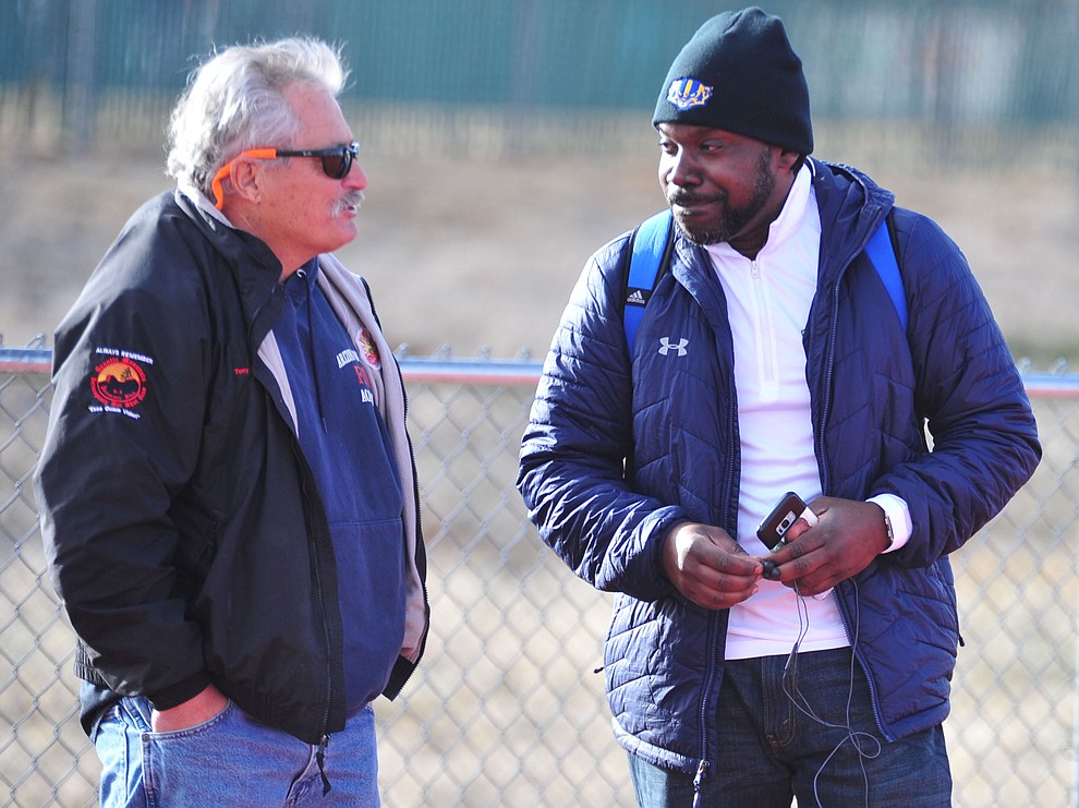 Prescott soccer Head Coach Phil Reid, right, talks with former Head Coach Tony Sciacca before the Badgers play the Bradshaw Mountain Bears Tuesday, Jan. 29, 2019 in Prescott Valley. (Les Stukenberg/Courier).