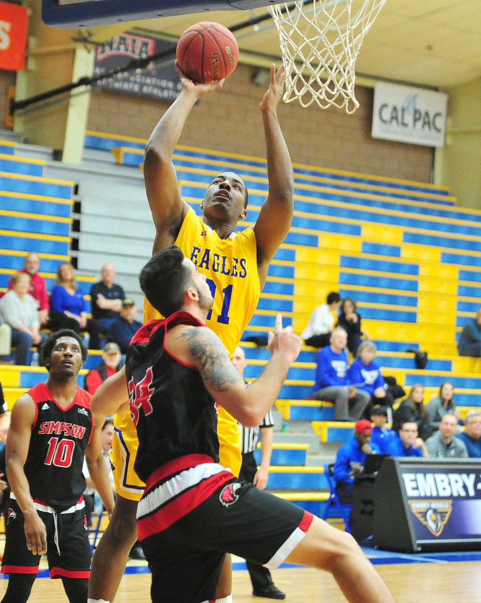 Embry Riddle's Joseph Jewell fights off a double team for two-points as the Eagles take on the Simpson University Redhawks Thursday, Jan. 31, 2019 in Prescott. (Les Stukenberg/Courier).