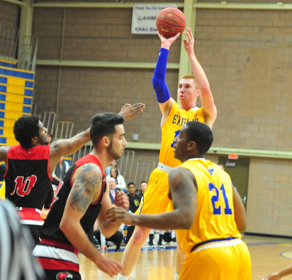 Embry Riddle's Nick Johnson takes a shot as the Eagles take on the Simpson University Redhawks Thursday, Jan. 31, 2019 in Prescott. (Les Stukenberg/Courier).