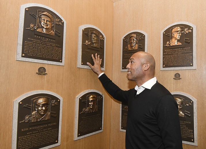 Baseball Hall of Fame inductee Mariano Rivera looks at plaques of original hall members during his orientation tour of the National Baseball Hall of Fame and Museum, Friday, Feb. 1, 2019, in Cooperstown, N.Y. The former New York Yankees closer will be inducted on July 21. (Hans Pennink/AP)