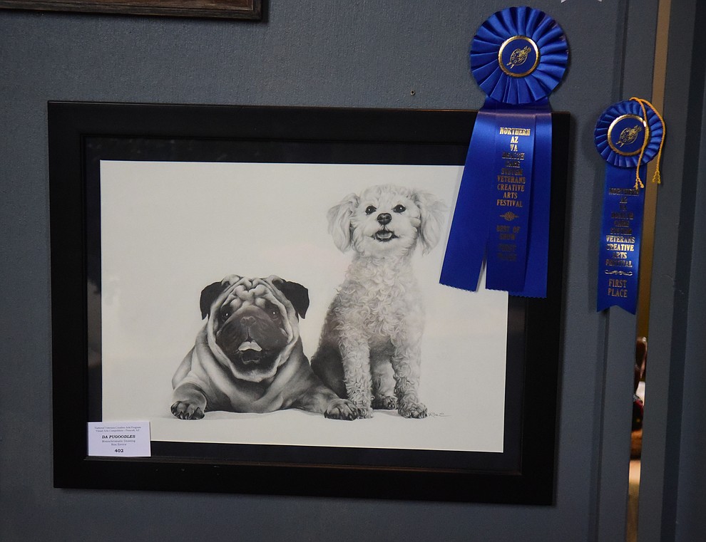 Da Pugoodles a monochromatic drawing by Ron Errera won Best in Show at the Prescott VA Veteran's Creative Arts Festival Wednesday, Feb. 13, 2019. 128 pieces are on display at the 25th annual show being held in Building 15, theatre. (Les Stukenberg/Courier).
