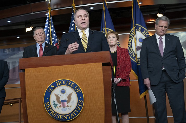 House Minority Whip Steve Scalise, R-La., joined from left by Rep. Tom Cole, R-Okla., Rep. Kay Granger, R-Texas, and House Minority Leader Kevin McCarthy of Calif., as he renewed his criticism of the Democratic leadership for not stripping Rep. Ilhan Omar, D-Minn., from the Foreign Affairs Committee in the wake of anti-semitism accusations, during a news conference at the Capitol in Washington, Wednesday, Feb. 13, 2019. (J. Scott Applewhite/AP)