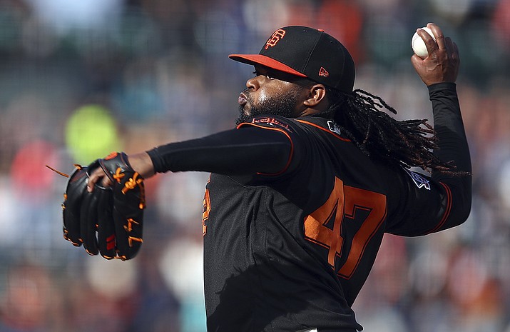 San Francisco Giants pitcher Johnny Cueto works against the Milwaukee Brewers in the first inning of a game July 28, 2018, in San Francisco. Cueto is scheduled to throw next week for the first time since undergoing Tommy John reconstructive surgery in August. (Ben Margot/AP, File)