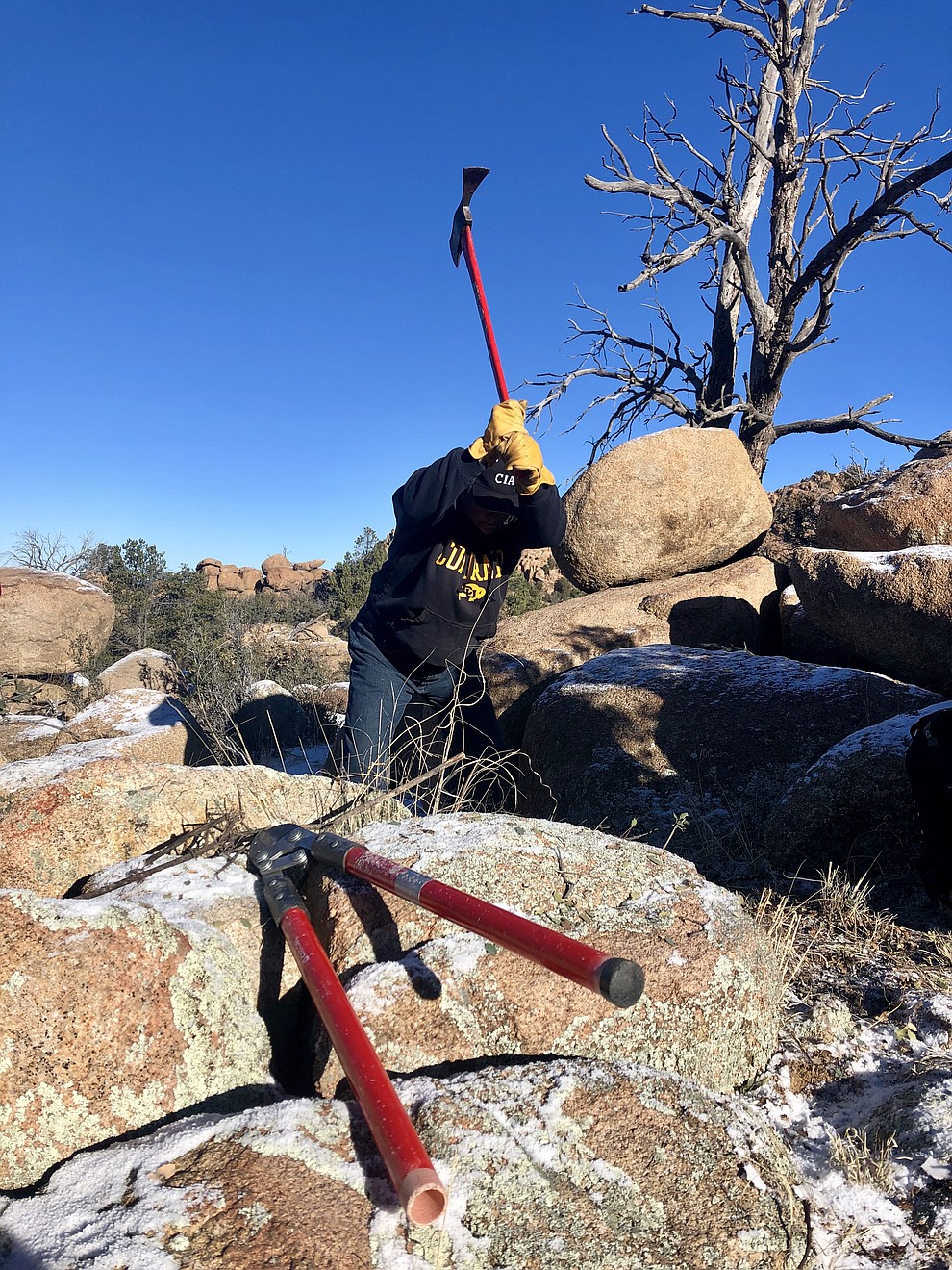 Volunteers with the trail-building group, the Over the Hill Gang, were out recently building the final 0.2-mile section of the Storm Ranch Trails in the Granite Dells. Over the past year, the volunteers, along with Prescott Trails and Natural Parklands Coordinator Chris Hosking, have put about 5,500 hours of work into building the total 6.4 miles of Storm Ranch Trails. (Cindy Barks/Courier)