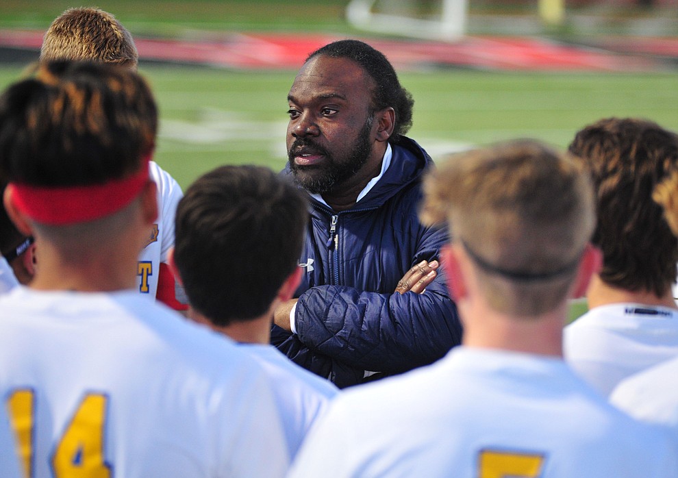 Prescott Head Coach Phil Reid talks to the players before the Badgers take on the Salpointe Catholic Lancers in the Arizona Interscholastic Association 4A State Soccer Championship Tuesday, February 19, 2019 at Williams Field High School in Gilbert. (Les Stukenberg/Courier).