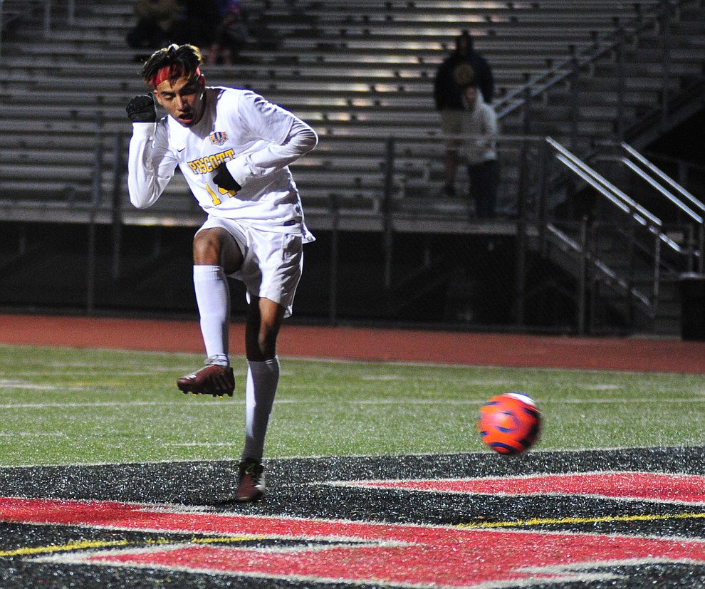 Prescott's Fernando Rodriguez scores Prescott's lone goal late in the first half as the Badgers take on the Salpointe Catholic Lancers in the Arizona Interscholastic Association 4A State Soccer Championship Tuesday, February 19, 2019 at Williams Field High School in Gilbert. (Les Stukenberg/Courier).