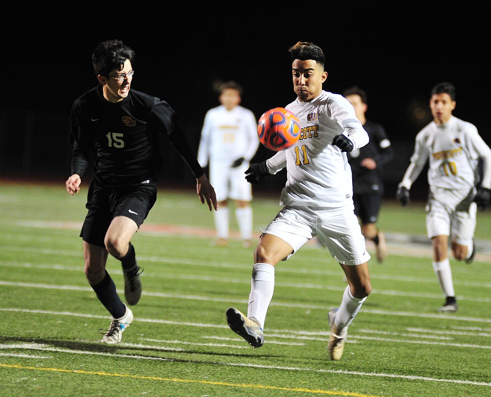 Prescott's Claudio Orozco controls the ball as the Badgers take on the Salpointe Catholic Lancers in the Arizona Interscholastic Association 4A State Soccer Championship Tuesday, February 19, 2019 at Williams Field High School in Gilbert. (Les Stukenberg/Courier).