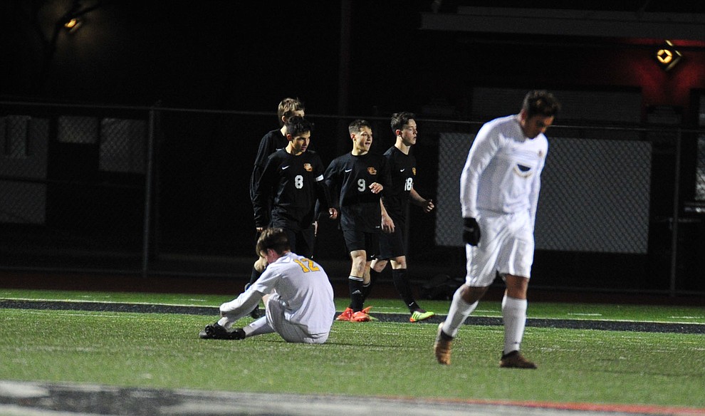 Prescott players react after a late penalty as the Badgers take on the Salpointe Catholic Lancers in the Arizona Interscholastic Association 4A State Soccer Championship Tuesday, February 19, 2019 at Williams Field High School in Gilbert. (Les Stukenberg/Courier).