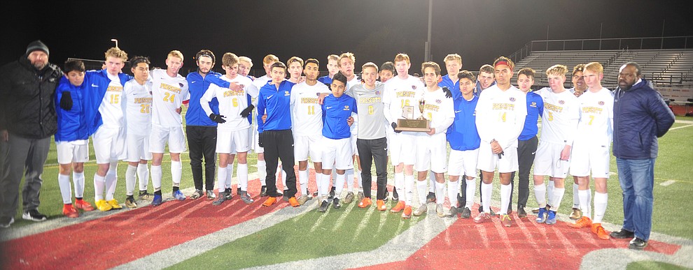 Prescott players gather for a group photo after the Badgers lost to the Salpointe Catholic Lancers in the Arizona Interscholastic Association 4A State Soccer Championship Tuesday, February 19, 2019 at Williams Field High School in Gilbert. (Les Stukenberg/Courier).