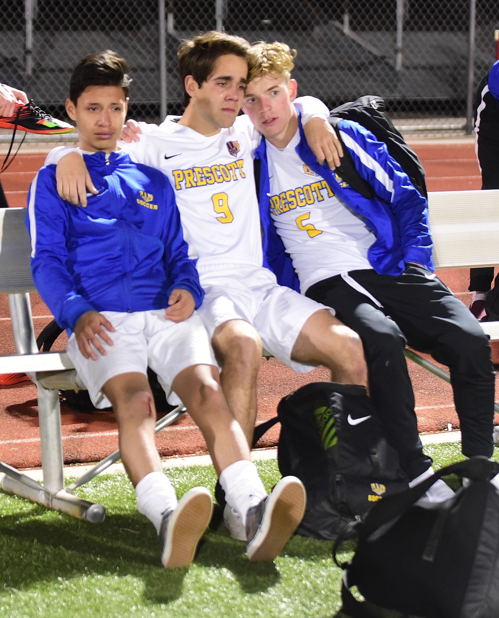 Prescott players are emotional after the Badgers lost to the Salpointe Catholic Lancers in the Arizona Interscholastic Association 4A State Soccer Championship Tuesday, February 19, 2019 at Williams Field High School in Gilbert. (Les Stukenberg/Courier).