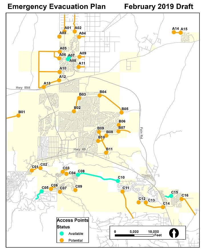 A draft Emergency Evacuation Plan map indicates where town officials have identified current access points and potential routes by area and number. No key is available for exact locations. (Town of Prescott Valley/Courtesy)