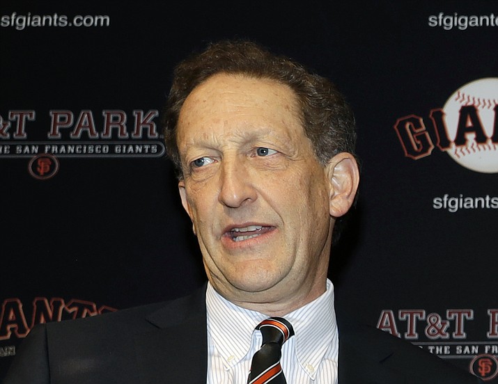 In this Jan. 19, 2018, file photo, San Francisco Giants President and CEO Larry Baer is shown during a press conference in San Francisco. Baer is taking a leave of absence from the team following the release of a video showing him in a physical altercation with his wife. The Giants board of directors released a statement Monday, March 4, 2019, saying that Baer has been granted a request to take personal time away from the team. (Marcio Jose Sanchez/AP, file)