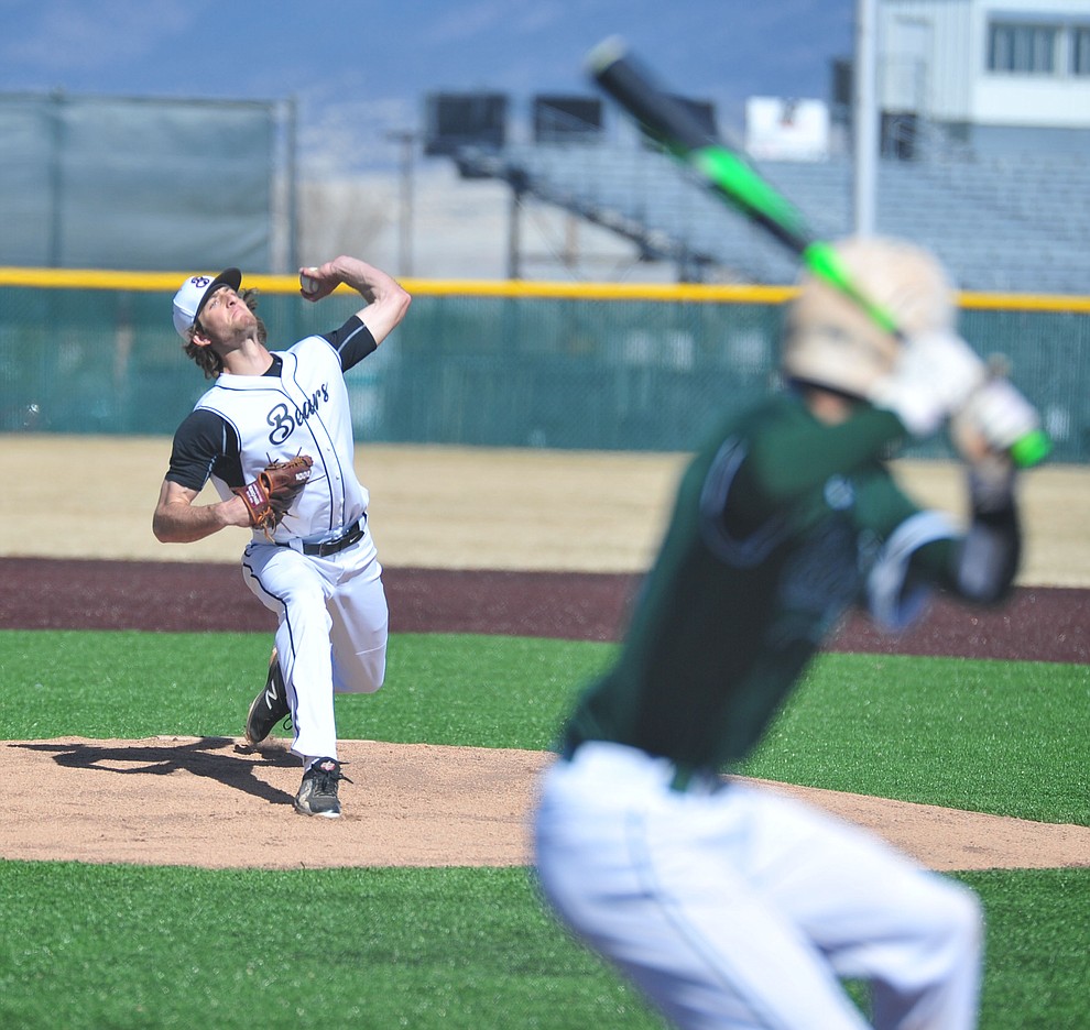 Bradshaw Mountain's Paxton Prentice delivers a pitch as the Bears host the Flagstaff Eagles Tuesday, March 5, 2019 in Prescott Valley. (Les Stukenberg/Courier)