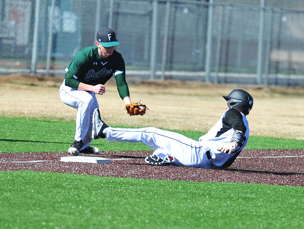 Bradshaw Mountain's Josh Grant gets tagged out at third as the Bears host the Flagstaff Eagles Tuesday, March 5, 2019 in Prescott Valley. (Les Stukenberg/Courier)