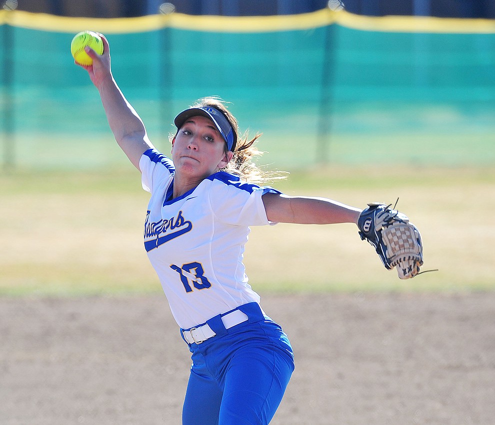 Prescott's Makayla Reyes delivers a pitch as the Badgers host the Mingus Marauders Tuesday, March 5, 2019 in Prescott. (Les Stukenberg/Courier)
