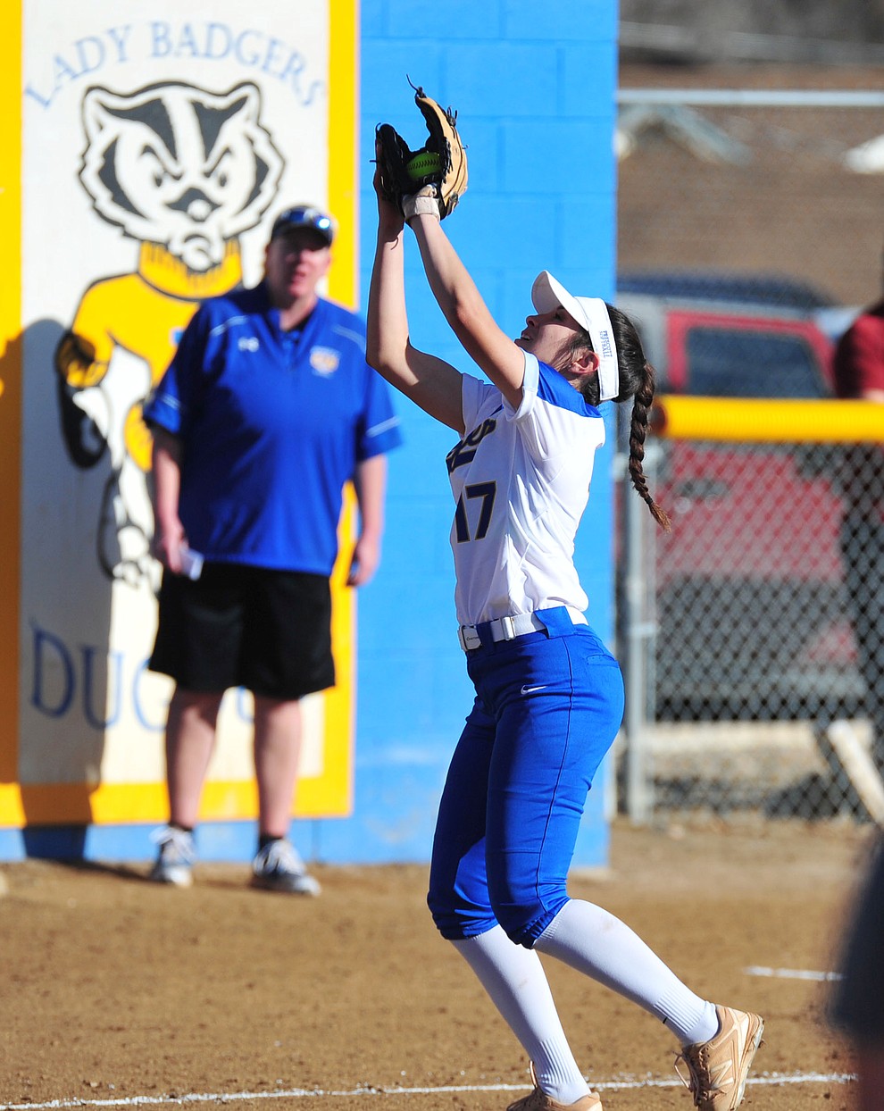Prescott's Rebekah Norris makes the catch at third as the Badgers host the Mingus Marauders Tuesday, March 5, 2019 in Prescott. (Les Stukenberg/Courier)
