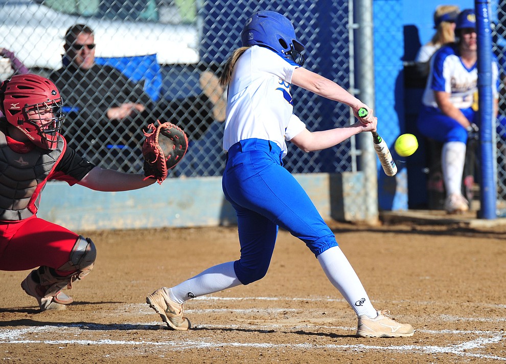 Prescott's Francesca Larson hits a double as the Badgers host the Mingus Marauders Tuesday, March 5, 2019 in Prescott. (Les Stukenberg/Courier)