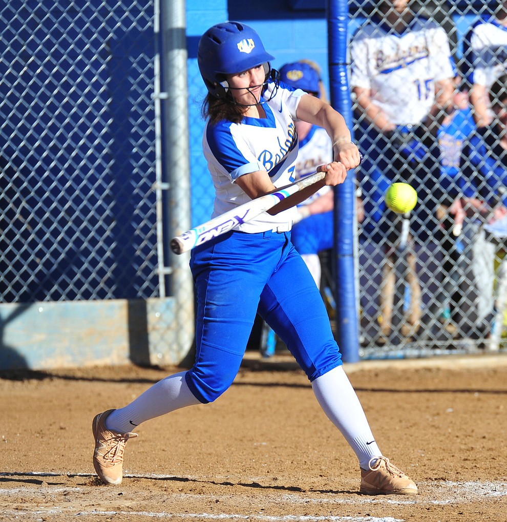 Prescott's Rebekah Norris hits a double as the Badgers host the Mingus Marauders Tuesday, March 5, 2019 in Prescott. (Les Stukenberg/Courier)