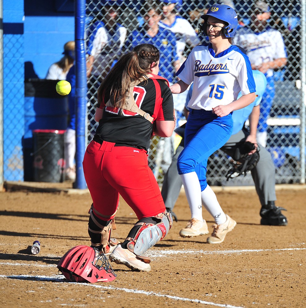 Prescott's Francesca Larson scores as the Badgers host the Mingus Marauders Tuesday, March 5, 2019 in Prescott. (Les Stukenberg/Courier)