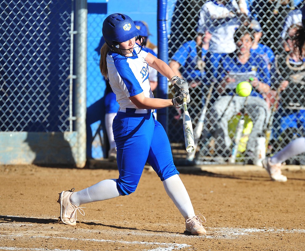 Prescott's Alyssa Ragan hits a double as the Badgers host the Mingus Marauders Tuesday, March 5, 2019 in Prescott. (Les Stukenberg/Courier)