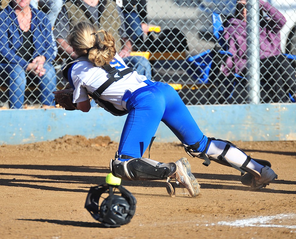 Prescott's Danner Cozens goes for a foul ball as the Badgers host the Mingus Marauders Tuesday, March 5, 2019 in Prescott. (Les Stukenberg/Courier)