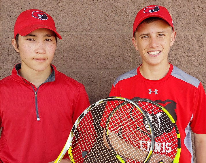 David Medevielle, left, and Colin Streeter pose for a photo Wednesday, March 6, 2019, after posting wins in singles play for the Bradshaw Mountain boys tennis team in Prescott Valley. (Doug Cook/Courier)