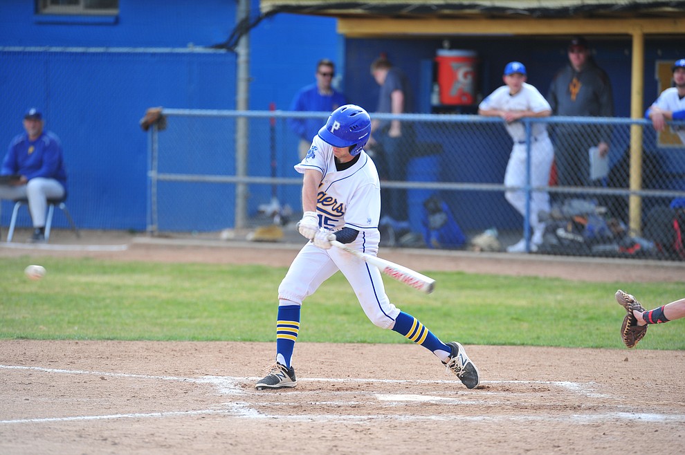 Prescott's Luke Fredrick singles as the Badgers host the Mingus Marauders Thursday, March 7, 2019 in their home opener for the 2019 season. (Les Stukenberg/Courier)