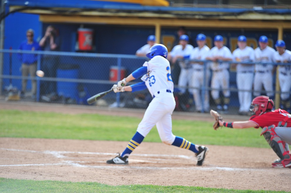 Prescott's Jake Schulz triples as the Badgers host the Mingus Marauders Thursday, March 7, 2019 in their home opener for the 2019 season. (Les Stukenberg/Courier)