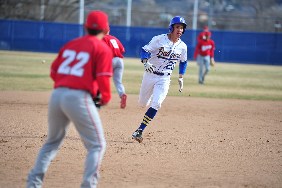 Prescott's Jake Schulz triples as the Badgers host the Mingus Marauders Thursday, March 7, 2019 in their home opener for the 2019 season. (Les Stukenberg/Courier)