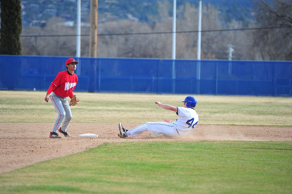 Prescott's Corey Schwartz steals second and later scored as the Badgers host the Mingus Marauders Thursday, March 7, 2019 in their home opener for the 2019 season. (Les Stukenberg/Courier)