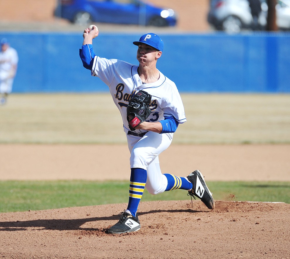 Prescott's Jake Schulz delivers a pitch as the Badgers host the Mingus Marauders Thursday, March 7, 2019 in their home opener for the 2019 season. (Les Stukenberg/Courier)