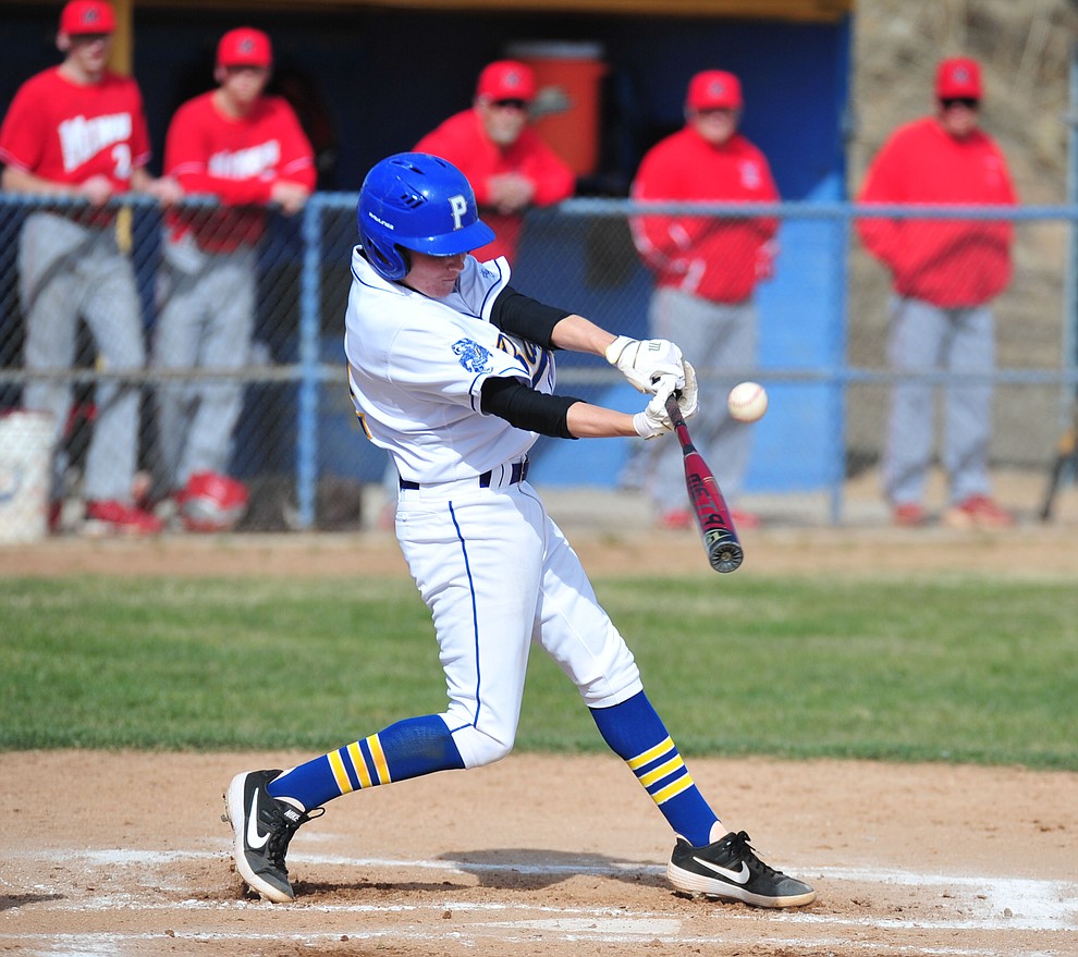 Prescott's Slater Krupnick makes contact as the Badgers host the Mingus Marauders Thursday, March 7, 2019 in their home opener for the 2019 season. (Les Stukenberg/Courier)