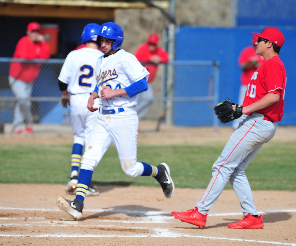 Prescott's Jacob Police score the first run as the Badgers host the Mingus Marauders Thursday, March 7, 2019 in their home opener for the 2019 season. (Les Stukenberg/Courier)