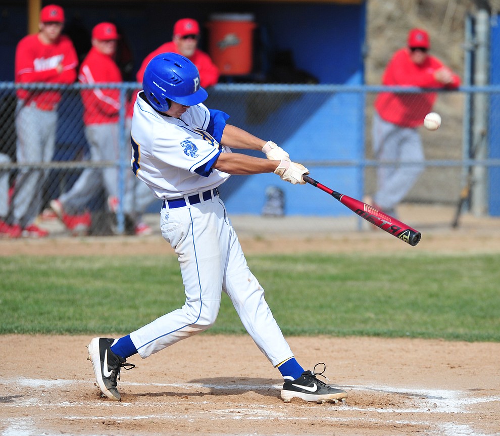 Prescott's Ray Chairez makes contact as the Badgers host the Mingus Marauders Thursday, March 7, 2019 in their home opener for the 2019 season. (Les Stukenberg/Courier)