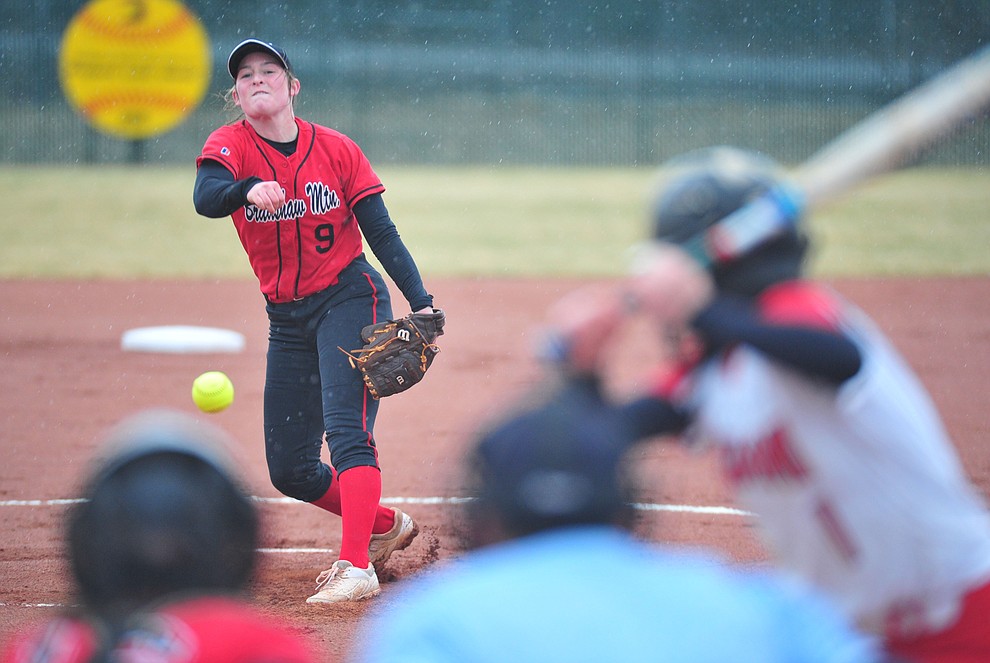 Bradshaw Mountain's Caitlynn Neal delivers a pitch as the Bears take on Coconino in a steady rainfall, Monday, March 11, 2019, in Prescott Valley. Les Stukenberg/Courier)