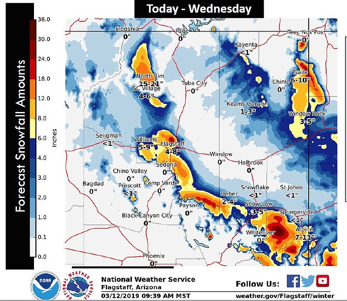 A cold front is moving into the area and could drop several inches of snow in northern Arizona. (NWS/Graphic)