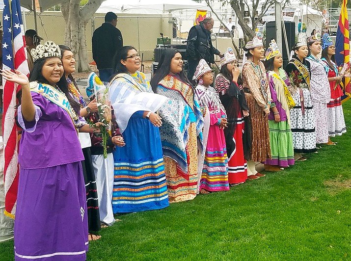 Tribal royalty line up for a morning welcome and introductions during the Arizona Indian Festival Feb. 9 at the Scottsdale Civic Plaza. (Photo/Geri Hongeva-Camarillo)